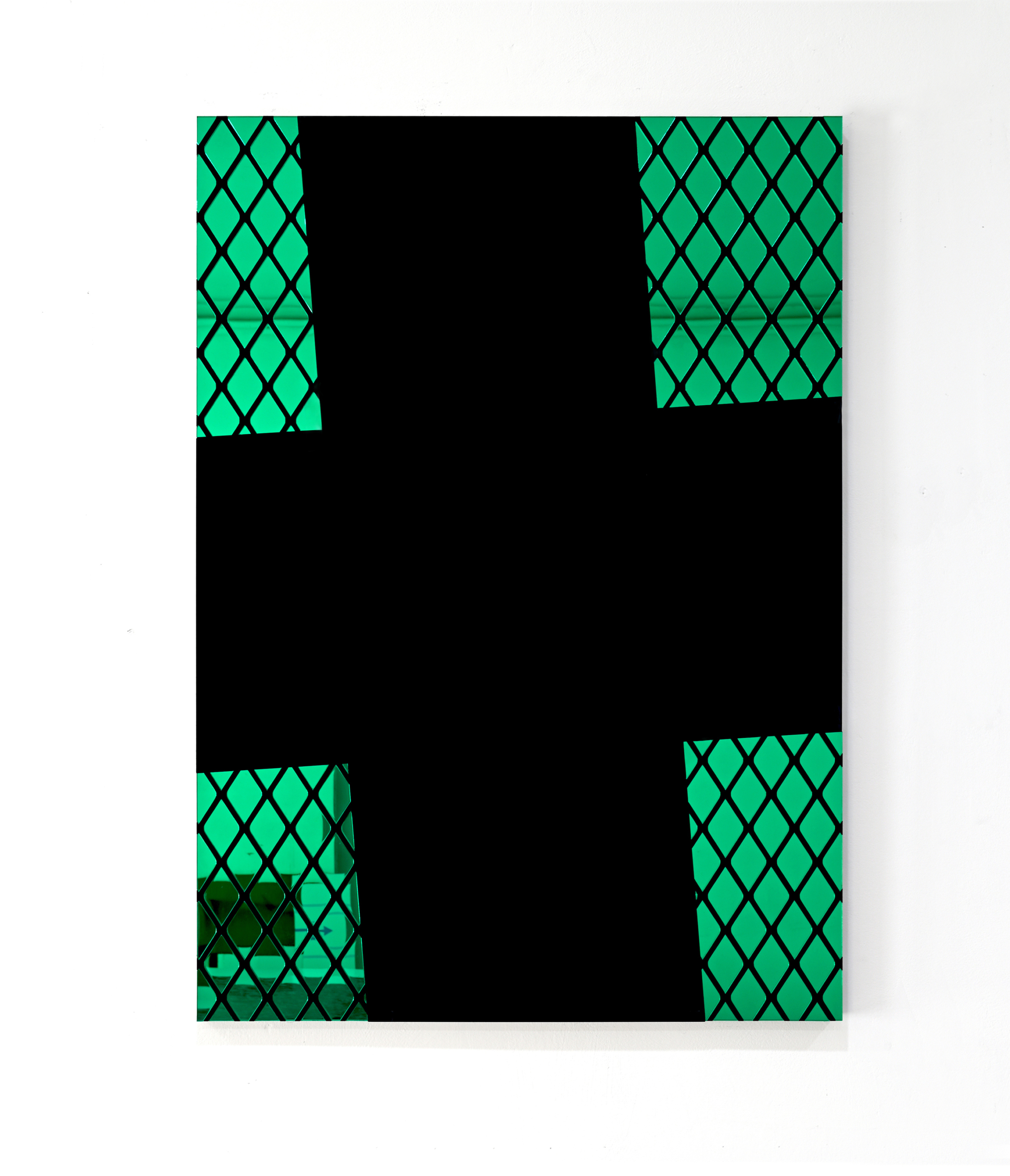 Chain-link fence pattern cut into white acrylic over coloured mirrored acrylic panel.