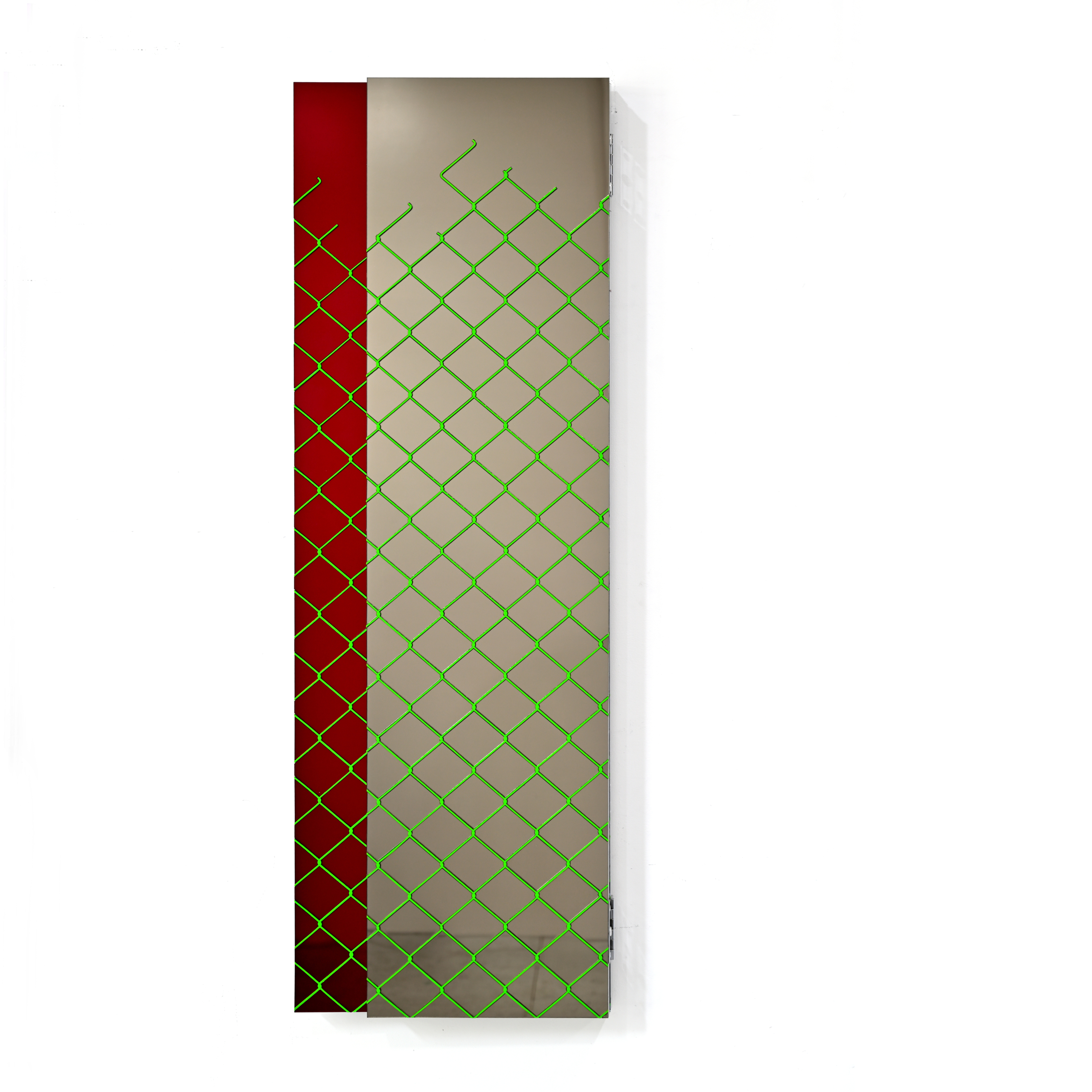 Chain-link fence pattern cut into white acrylic over coloured mirrored acrylic panel.