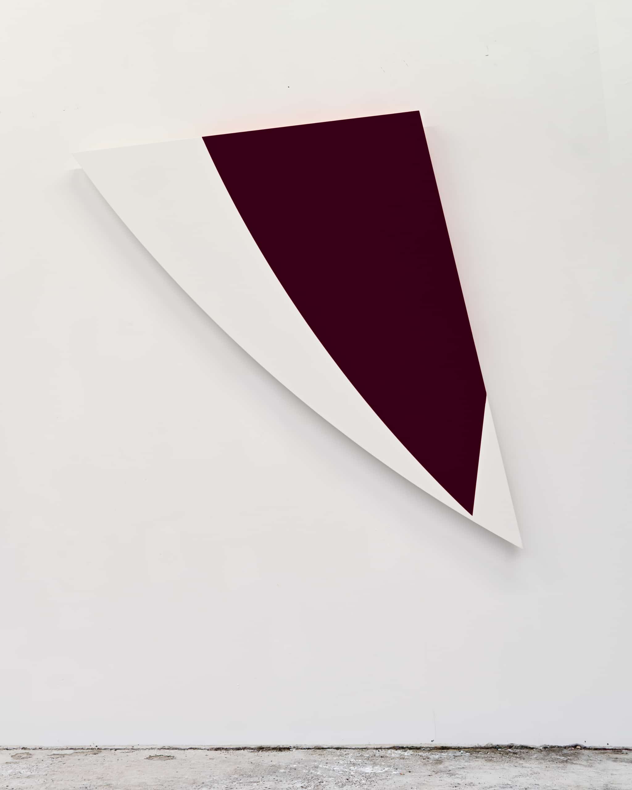 Extracted Geometries — white curved wall-mounted artwork with a deep oxblood geometric field.